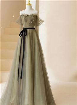 Picture of Light Green Tulle Off Shoulder with Flowers A-line Formal Dresses, Green Evening Gowns